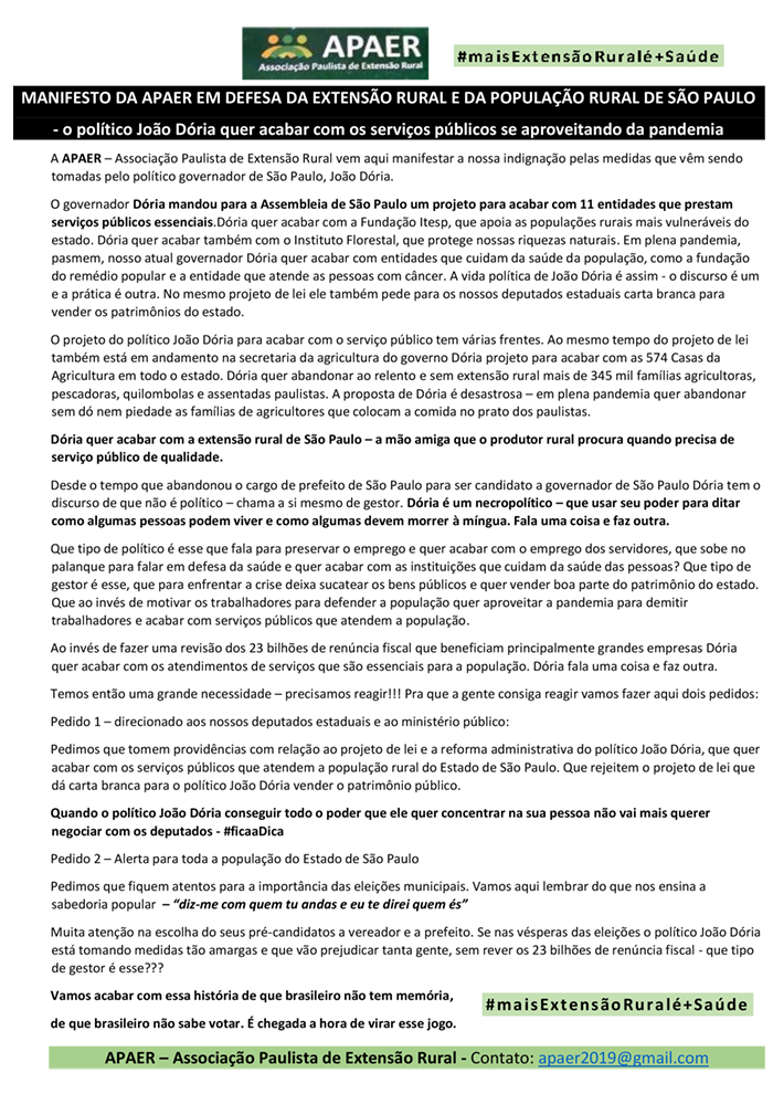 manifesto rural — MANIFESTO DA APAER EM DEFESA DA EXTENSÃO RURAL E DA POPULAÇÃO RURAL DE SÃO PAULO — ADunicamp