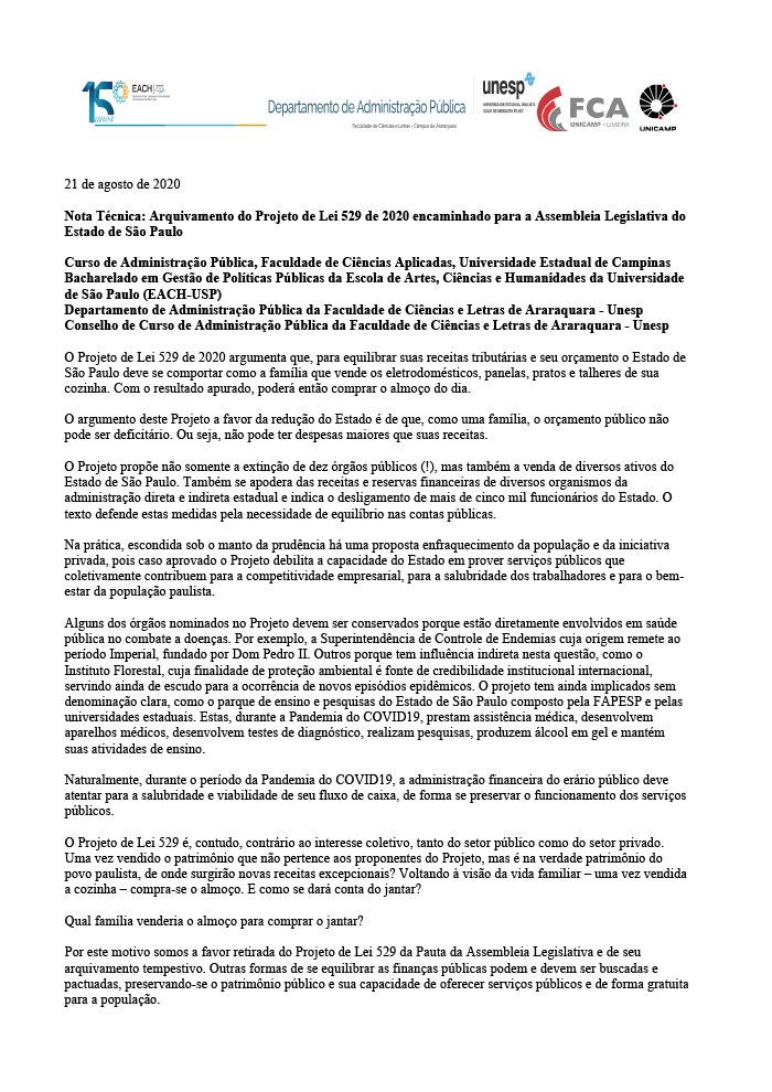 nota tecnica pl 529 — Nota Técnica: Arquivamento do Projeto de Lei 529 de 2020 encaminhado para a Assembleia Legislativa do Estado de São Paulo — ADunicamp